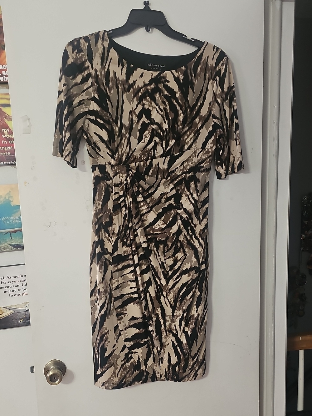Abstract-Print Beige & Black Midi Dress with Side Knot